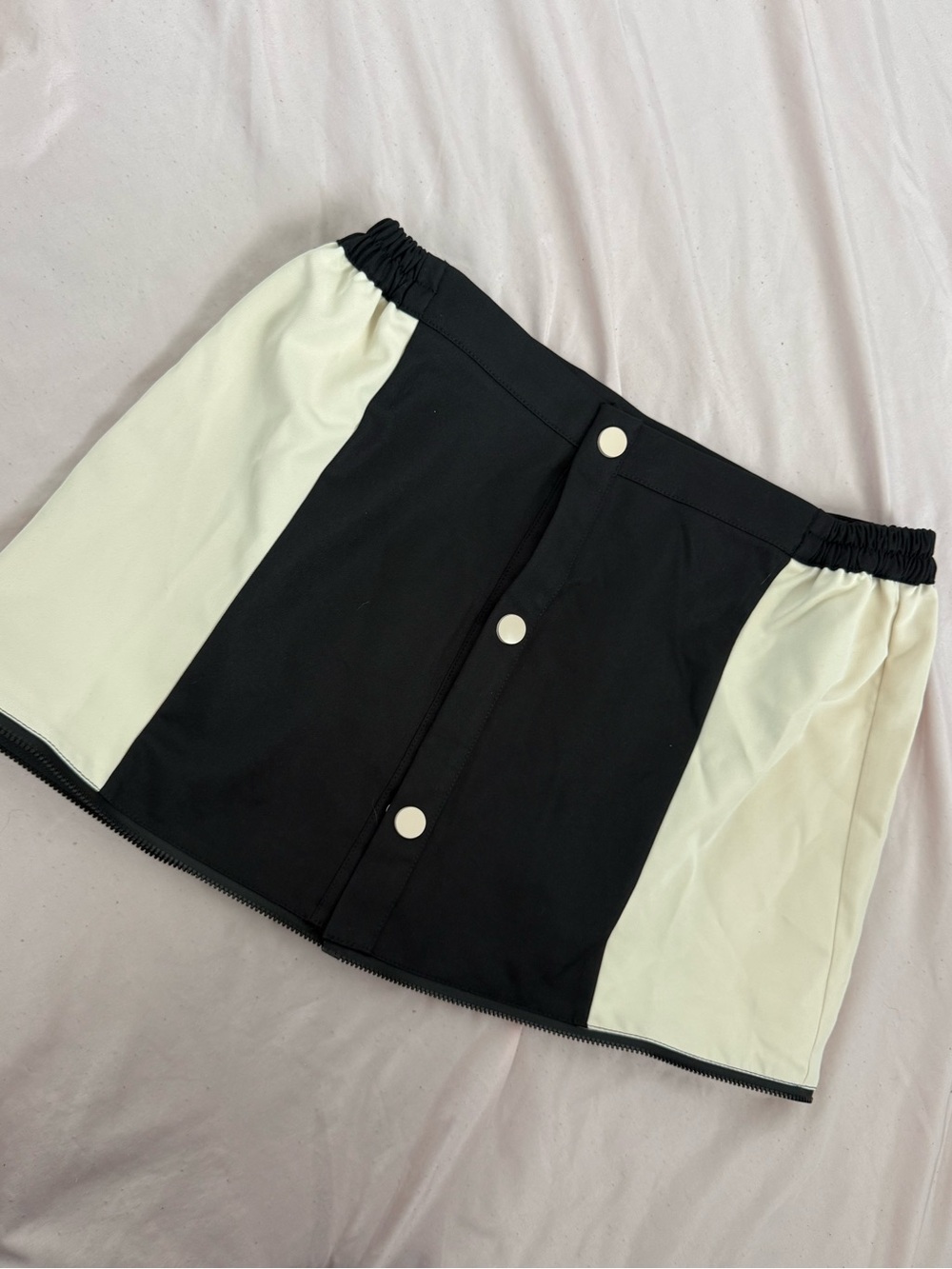 Colorblock Mini Skirt Black Cream Snap Button Varsity Utility Sz S / 4 SHEIN